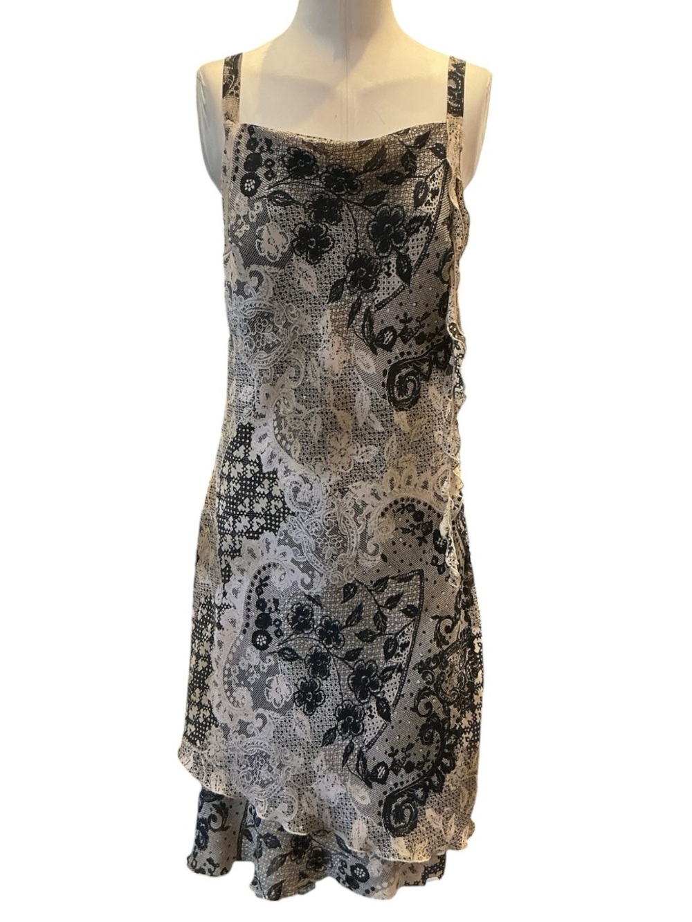 Vintage Y2K Karin Stevens Cowl Neck Lace Print Midi Dress